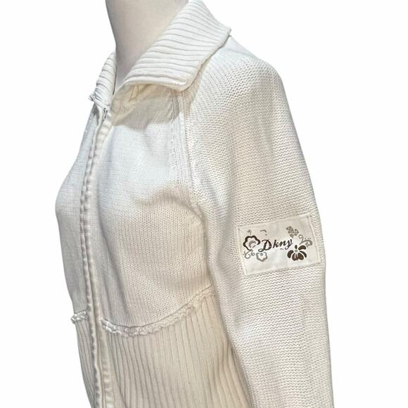 DKNY Y2K Sweater Jacket Womens M Cream Ribbed Full Zip Turtle Neck Classic Retro - Picture 4 of 15